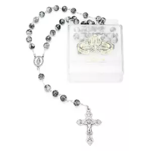 Rosario in vetro marmo perline cattoliche con custodia collana preghiera bene... - Foto 1 di 7