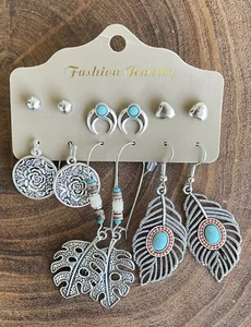 6 Pairs Boho Ethnic Silver Turquoise Beads Stone Drop Studs Earrings Tribal Lot - Picture 1 of 10