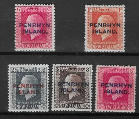 COOK Is-PENRHYN Is. 1917-20.6d,1/- P14x131/2, 21/2d,3d,6d P14x141/2.MH/HMH(6409) Cover