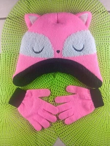Beanie Hat Gloves NEON Hot PINK Fox Cat Ears Winter Girls Kitty Set Pizazz - Picture 1 of 7