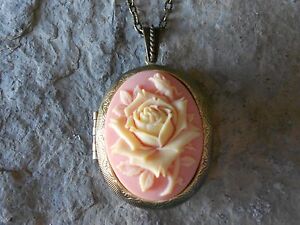 YELLOW AND PEACH ROSE CAMEO BRONZE LOCKET - VINTAGE LOOK, QUALITY, VICTORIAN