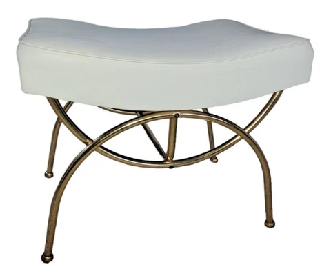 Vintage Gold Tone Metal Vanity Makeup White Vinyl Seat Chair Hollywood Regency Cover