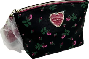 Betsey Johnson Black Pink Rosebud T Bottom Clam Pouch Make Up Cosmetic Pouch Bag - Picture 1 of 5