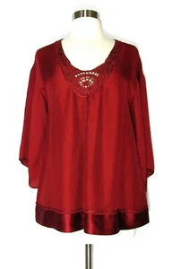MAX STUDIO Top Blouse Rust Orange Crochet Neckline Rayon Silk Blend Boho XS - Picture 1 of 2
