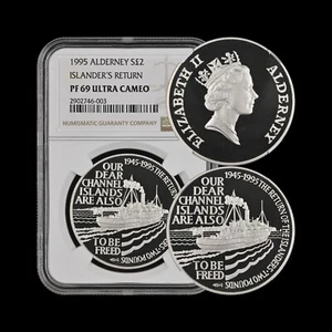 ALDERNEY. 1995, 2 Pounds, Silver - NGC PF69 - Islander's Return RARE - Picture 1 of 5