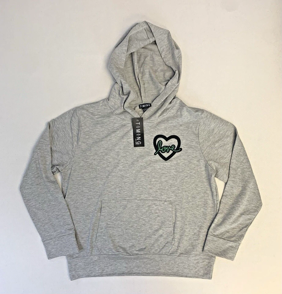 Timing Hoodie Sweatshirt Womens L Gray Black Heart Lovecore Gorpcore - Image 1 of 4