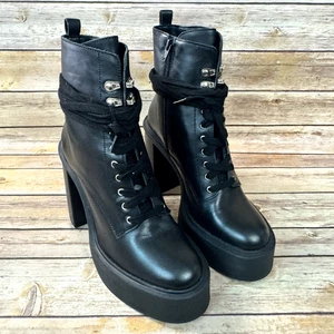 Gianni Bini Womens Black Leather Chunky Heel Lace Up Suzie Ankle Boots 8.5M - Picture 1 of 9