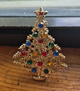 Spilla brutalista albero di Natale strass vintage tono oro spilla 16 pietra multicolore - Foto 1 di 18