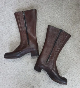 Women's Brown Leather Knee High Riding Boots Side Zip - Picture 1 of 8