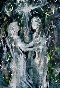 Quadro ORIGINALE ACEO ANGELO & SFERE Spirituale Luce Celeste Universo ATC ART - Foto 1 di 1