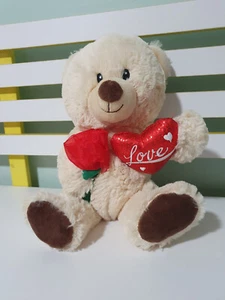 TEDDY BEAR VALENTINES HOLDING ROSE AND HEART SAYS LOVE HAPPY VALENTINES DAY - Picture 1 of 5
