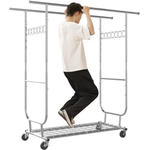 Rolling Garment Rack Heavy Duty Collapsible Clothing Clothes Rack Chrome Wheels - Picture 1 of 73
