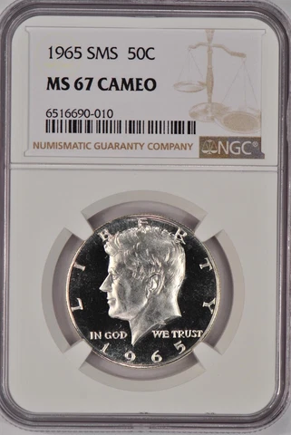 1965 SMS Kennedy Half Dollar NGC MS 67 CAMEO SP67CAM Frosty Coin Cover