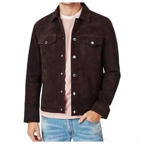 Herren Braun Echt Ziegenveloursleder Leder Trucker Jacke Hemd Western Cowboy - Bild 1 von 4