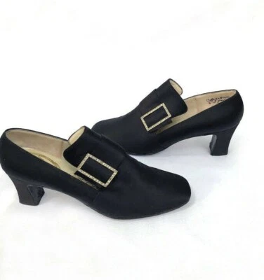 Vintage 1970s black silk + rhinestone buckle Delmans Court pumps heels 6B FAB! - Image 1 of 4