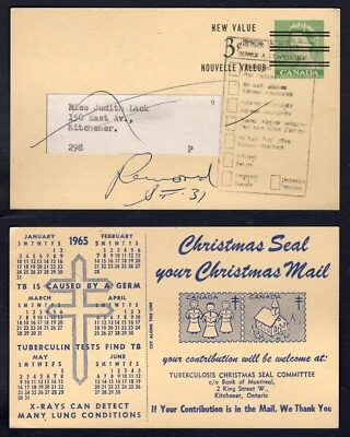 Tarjeta postal precancelada revalorizada Canadá KITCHENER 1965 sellos de Navidad publicidad Foto 1 de 3