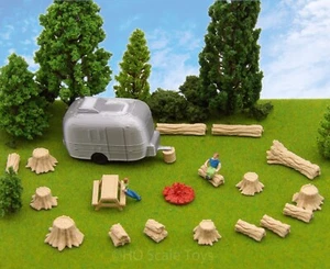 19 pz Camper Scena Treno Ferroviario Modello 3D Scala HO, Tavolo da Picnic, Registri, Fuoco - Foto 1 di 5
