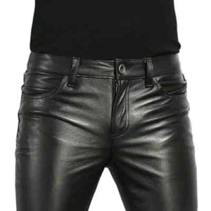 Men's Tight Leather Pants 80s Punk Rock Skinny Motorcycle Gothic Biker Trouser - Picture 1 of 24