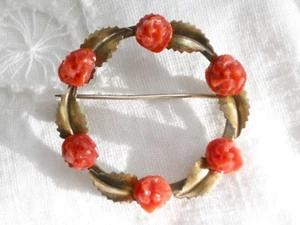 Broche Victoriano Oro Lavado 800 Plata Rojo Naranja Tallado Coral Rosas Prendedor Redondo - Imagen 1 de 6