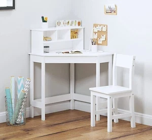Weißer Eckarbeitstisch & -stuhl Holzarbeitszimmer Computer Schreibtisch für Kinder Unisex Weihnachten - Bild 1 von 8