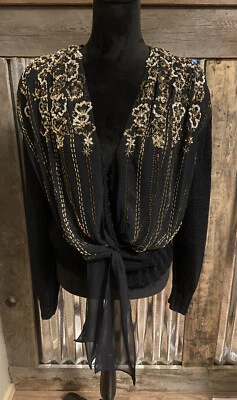 Suéter Magnolia De Colección Mediano Negro Dorado Lentejuelas Cuentas Bling Whimsigoth Fairy Años 80’s Foto 1 de 4