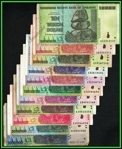 1 Million - 10 Trillion Dollars Zimbabwe 2008 AA AB Banknote Set 100 % Authentic - Picture 1 of 5