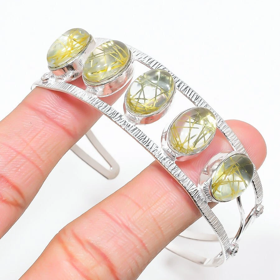 Rutilated Quartz Gemstone Handmade 925 Sterling Silver Jewelry Bangel Size 7-8" - Image 1 of 1