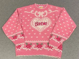 Suéter de cuello redondo vintage 1991 Barbie con patrón de corazón y rosa - 7/8 niñas - Imagen 1 de 15