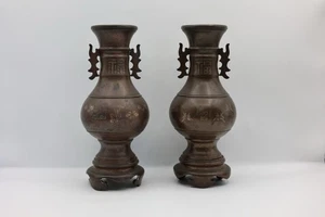 Antique Asian bronze vases very heavy  10” High 2pcs - Picture 1 of 9
