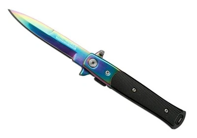 Cuchillo de asistencia de resorte de 4" estilo clásico punta de lanza color titanio arco iris con clip  Foto 1 de 2