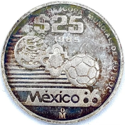 MEXICO PROOF 1/4 OZ SILVER COIN 1985 25 Pesos 1986 Futbol World CUP COA Toned! - Image 1 of 2