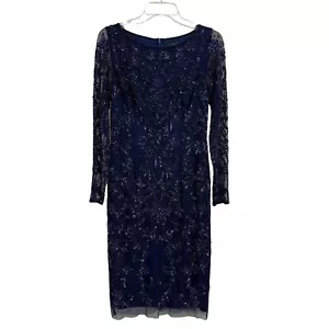 Adrianna Papell Navy Blue Sequined and Beaded Long Sleeve Lined Midi Dress Sz 4 - Picture 1 of 21