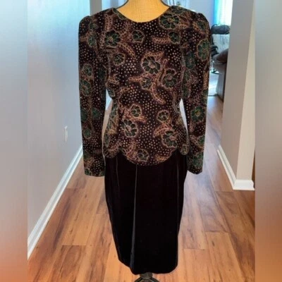Vestido floral Scott McClintock vintage de terciopelo manga larga negro/dorado/verde, 12 Foto 1 de 4