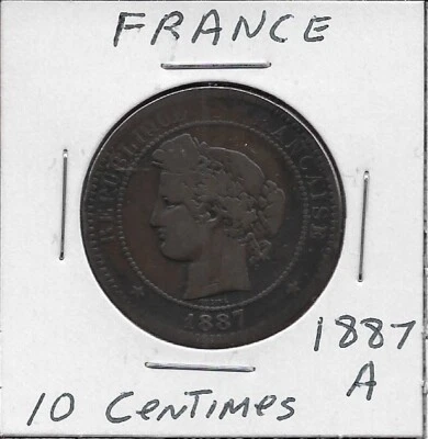 FRANCE 10 CENTIMES 1887-A LOW MINTAGE 874,000,LAUREATE HEAD FACING LEFT,DENOMINA - Image 1 of 2