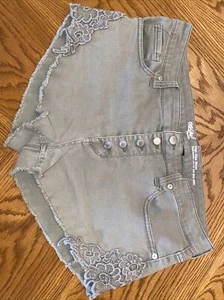 Mossimo Denim High Rise Jean Shorts. Super Stretch Cut Off Crochet Lace Trim EUC - Picture 1 of 18