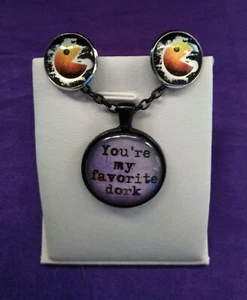DORK PAC MAN Cufflinks Pendant Nerd Geek Video Game Love Black His Her SET 2PCS - Picture 1 of 8