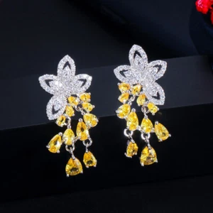 Orecchino goccia nappa fiore zirconi topazio giallo abbagliante da donna argento 925 gioielli - Foto 1 di 16