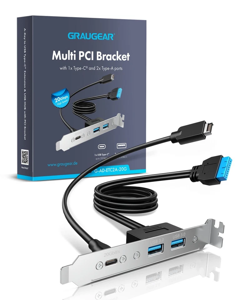 GRAUGEAR 20Gbit/s USB HUB in PCI Slot PC Gehäuse, USB-C-Anschluss USB 3.2 Gen2x2 20Gbps