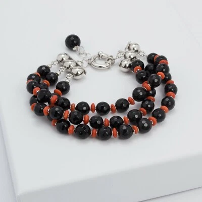 Pulsera de Plata 925 Con Coral Rojo Y Ónix Multihilo -agrp 0127- - Imagen 1 de 3