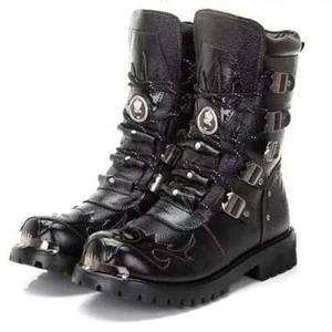 Men Gothic Boots Punk Biker Combat Lace Black Motorcycle Cool Military Shoes - Picture 1 of 8