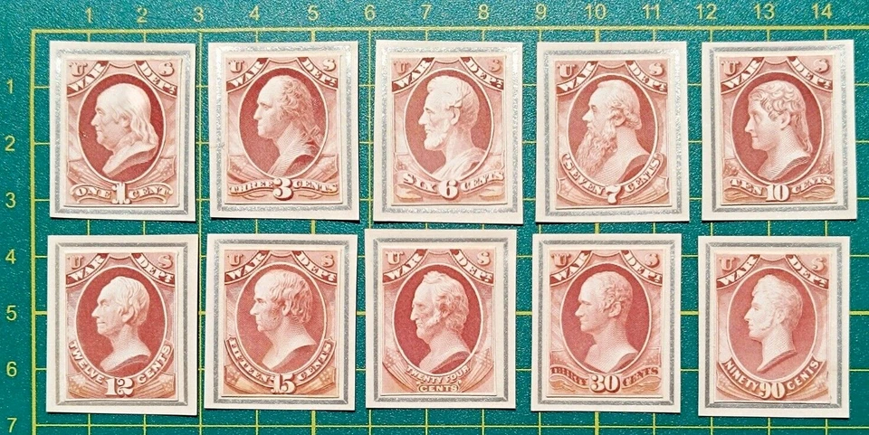 US Stamps,War Dept,Official Trial Color PROOF India on card with Frame,set of 10 - Image 1 of 4