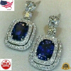 925 Silver Plated Drop Earrings Women Blue Sapphire Jewelry A Pair/set Simulated - Picture 1 of 4