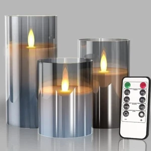 Glass Flameless Candles with Remote Battery Operated Flickering LED Pillar Candl - Picture 1 of 7