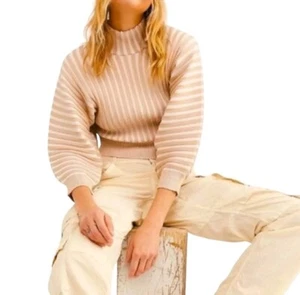 Free People Ribbed Cropped Sweater Size M Balloon Sleeve Turtleneck Preppy Boho - Picture 1 of 13