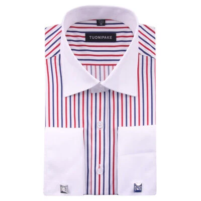 Mens Long Sleeves Shirts French Cuff Slim Striped Dress Formal Cufflinks Shirts - Image 1 of 4