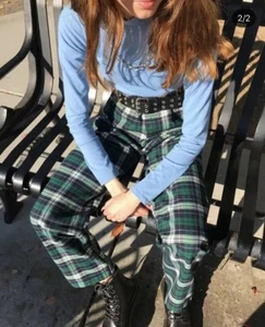 brandy melville grün/marine/weiß karierte High Rise Kim Hose Gr. S - Bild 1 von 6