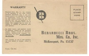 Berarducci Brothers Mfg. Firmengarantie Postkarte, McKeesport PA - Bild 1 von 2