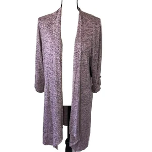 Corvia Long Line Open Cardigan Size L Pink Black Marled Button Tab Sleeves NEW - Picture 1 of 10