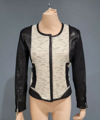 BARBARA BUI black leather ivory tweed leather jacket 38/US S - Image 1 of 4