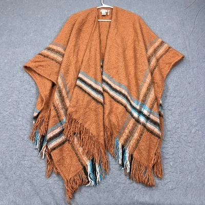 Free People Cardigan Women's OS Orange Fall Knit Plaid Blanket Wrap Shawl Tassel - Image 1 of 4